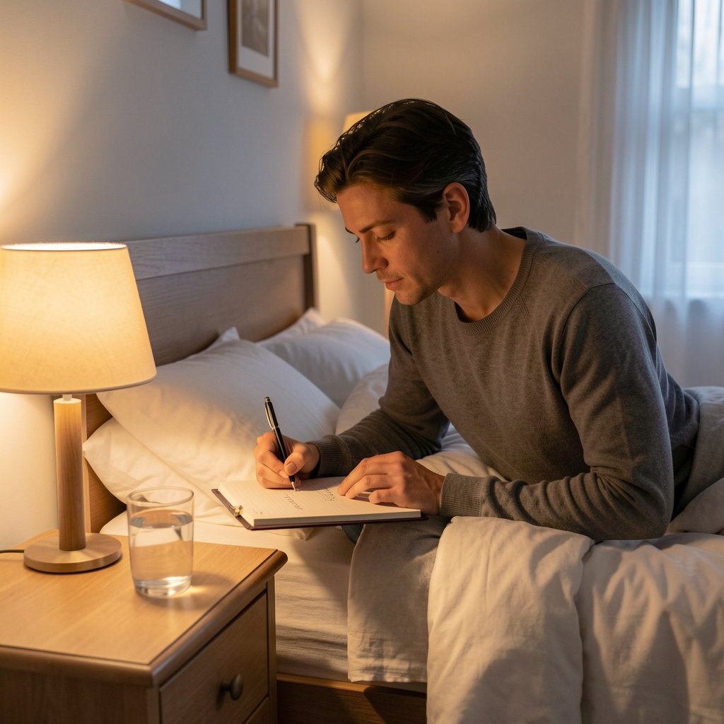 Person writing in a bedside notebook under warm lamplight, a glass of water on the table, quiet evening atmosphere in a tidy bedroom