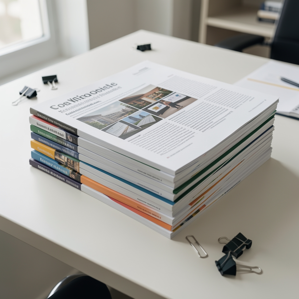 Stack of printed journal articles and research papers on a clean editorial desk, paper clips visible, natural daylight studio