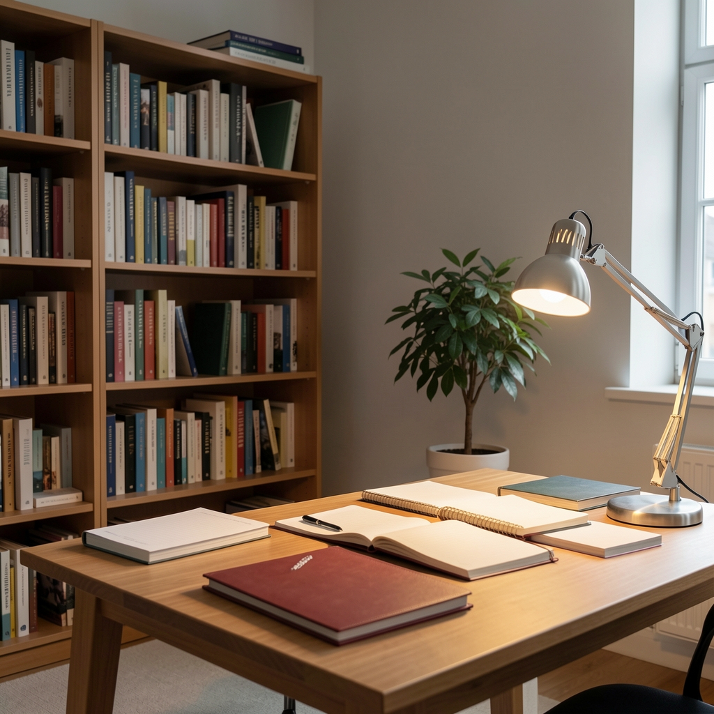 Wide shot of a calm editorial workspace with bookshelves, a single potted plant, and a desk lamp casting warm light on scattered notebooks